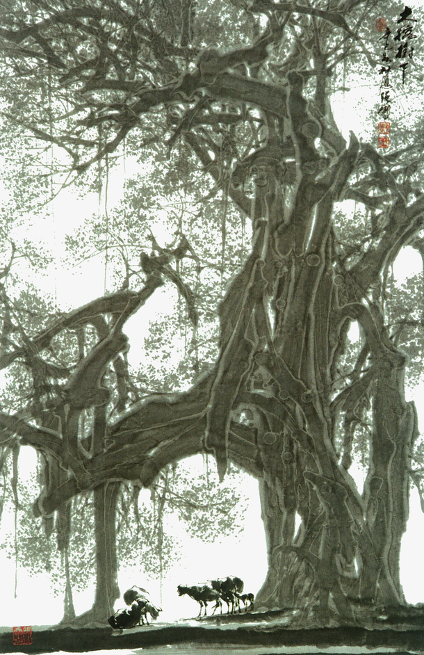 经典水墨画大古榕树