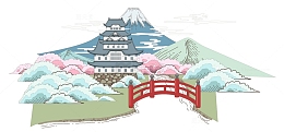 手绘彩色水墨富士山楼阁古桥