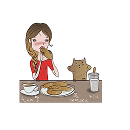 饭桌上吃面包的长辫女孩