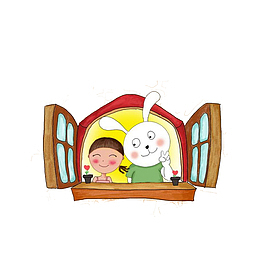 卡通看窗外的小兔子和小女孩素材