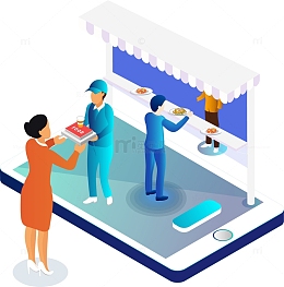 2.5D餐厅点餐矢量立体插画