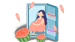 免抠卡通夏日坐在冰箱里的女孩