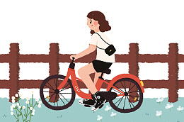 骑着自行车的美女旅行郊游