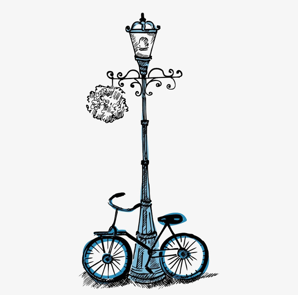 手绘卡通路灯自行车