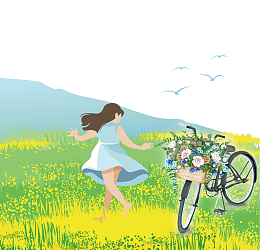 手绘唯美春季踏青油菜花少女插画