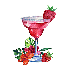 水彩绘红色鸡尾酒和花卉矢量图