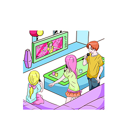 卡通KTV飙歌的男女素材