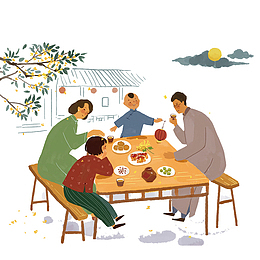 中秋节团圆吃饭的一家人