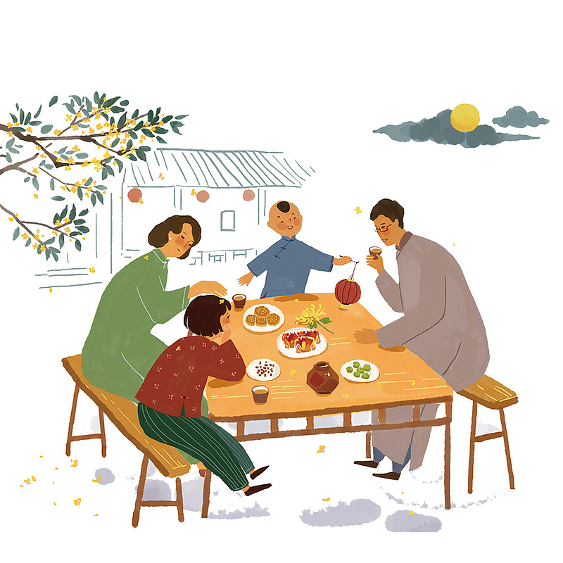 中秋节团圆吃饭的一家人