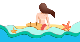 卡通手绘夏季小女孩海边游泳