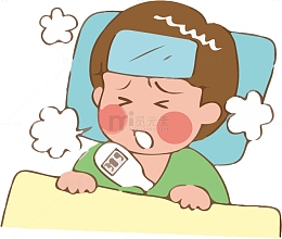 手绘卡通男孩在床上咳嗽免抠