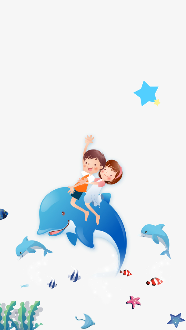 免抠卡通手绘坐在蓝色鲸鱼上的孩