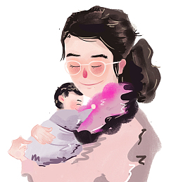 手绘水墨风格母亲节亲子插图抱着