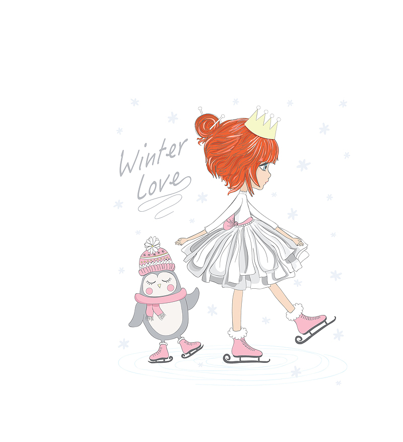 矢量彩色冬季小雪人小女孩