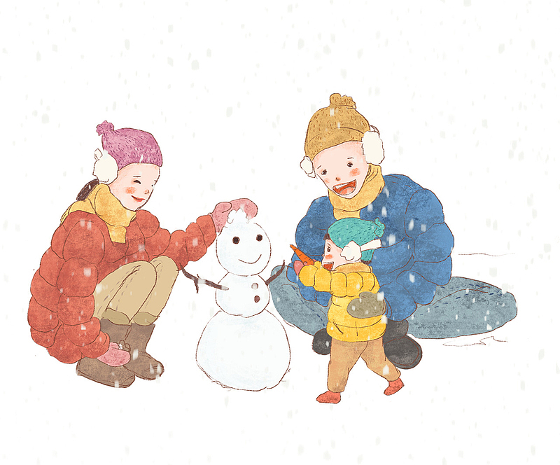 手绘水彩人物插图一家人堆雪人插