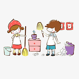 女孩拖地,清扫灰尘的男孩