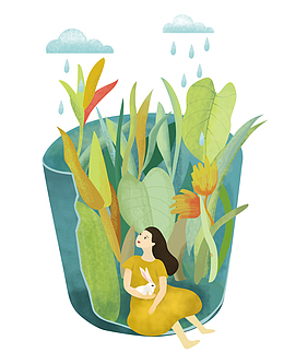 卡通插画花盆女孩