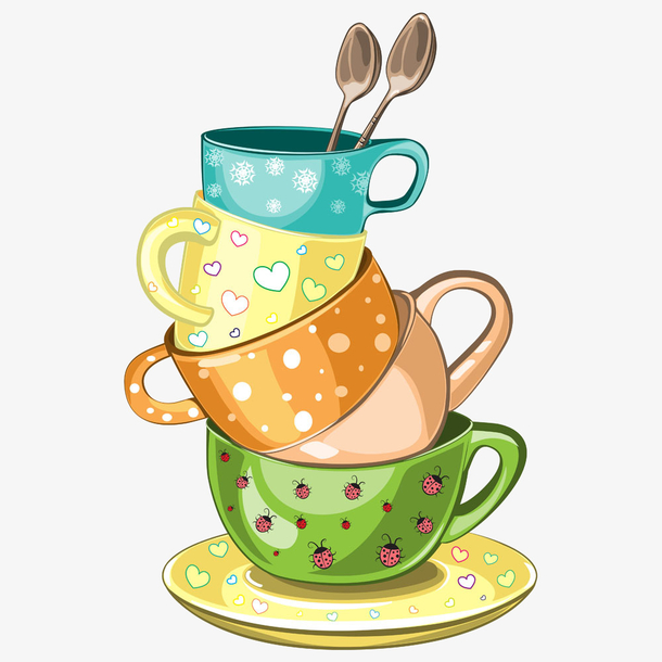 堆叠的可爱杯子与勺子