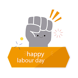 灰黄色的举手开心劳动节标签
