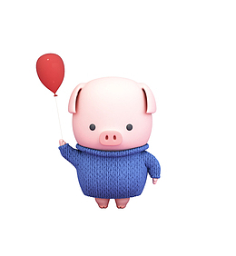 c4d卡通手拿气球的猪猪装饰