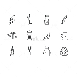 矢量黑色线条烧烤工具图标