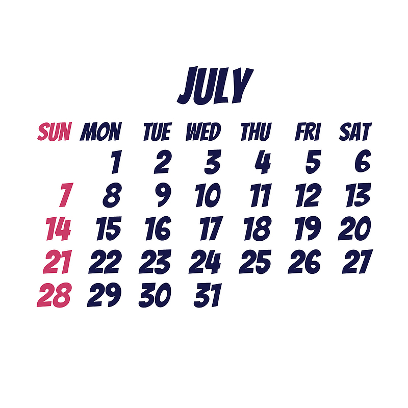 黑红色2019年7月日历