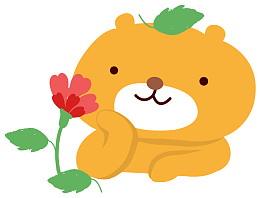卡通小熊手托腮欣赏花卉