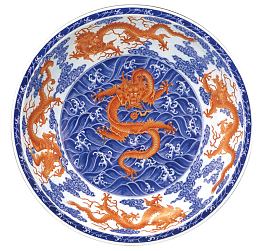 金龙青花瓷器碗文物矢量图