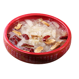 红色饭碗装的银耳雪梨汤