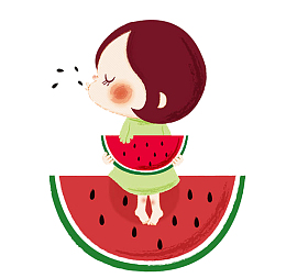 手绘吃西瓜的女孩