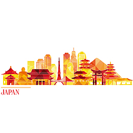 红色日本建筑手绘