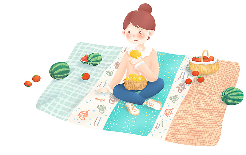 手绘装饰插图夏日野餐的女孩插画