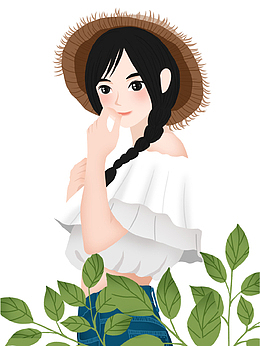 手绘唯美夏季少女插画免抠