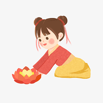 中元节传统服饰小女孩放河灯