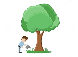 手绘站在树底下浇水的男孩