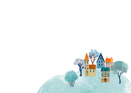 淡蓝色系小屋子和树木