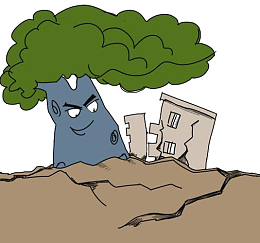 卡通树木房屋和裂开的地面