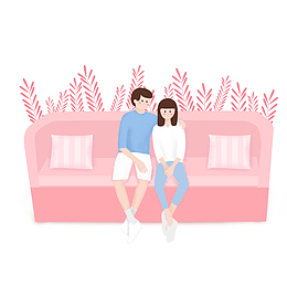 手绘卡通情侣坐在沙发上