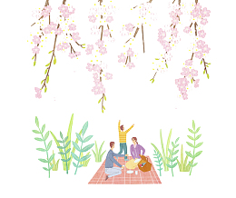 卡通浪漫樱花背景春游插画