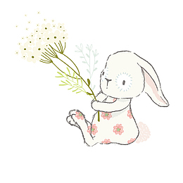 拿着花朵的手绘兔子
