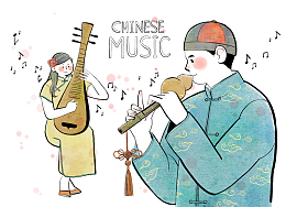 吹拉弹唱传统插画