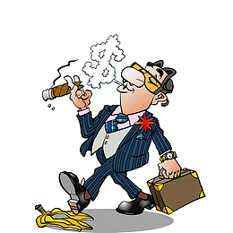 卡通提着箱子的男人抽雪茄踩香蕉