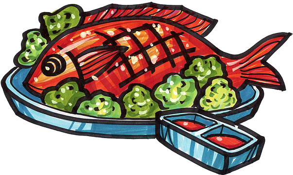 彩绘风格手绘丰富烤鱼图案