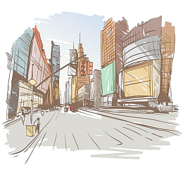 手绘城市现代化商业街图案