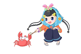 惠安女孩逗玩大闸蟹