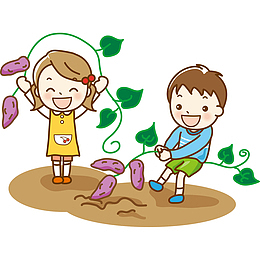 卡通男孩和女孩开心地拔红薯插画