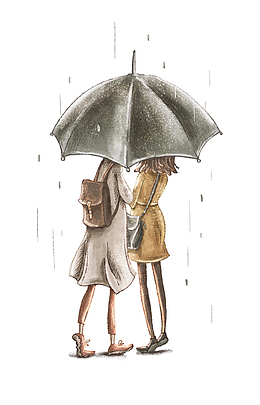 手绘避雨的少女插画免抠