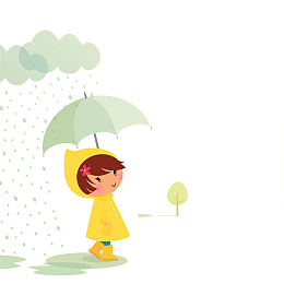 可爱卡通插图下雨天撑伞的小女孩