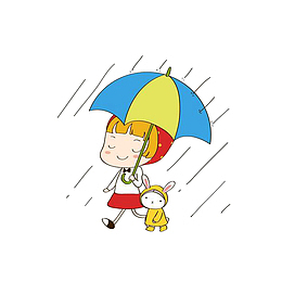 卡通雨中撑伞走的女孩和穿着雨衣