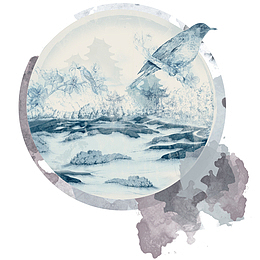 创意蓝色鸟儿圆形水墨